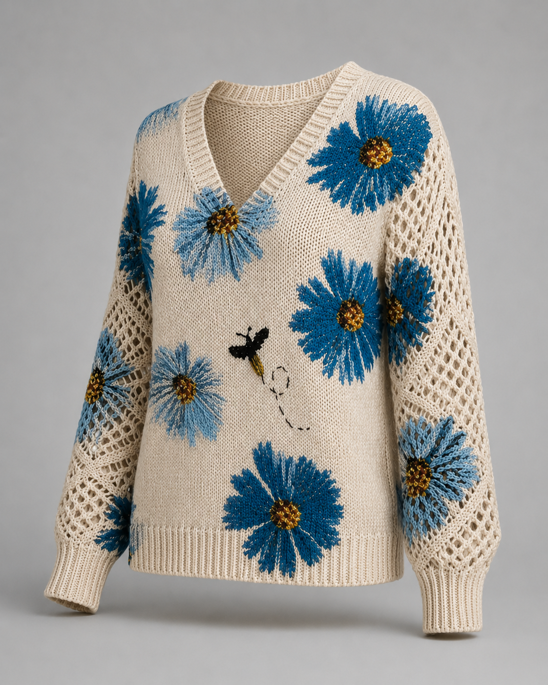 Strickpullover mit Blumenstickerei – Rückansicht
