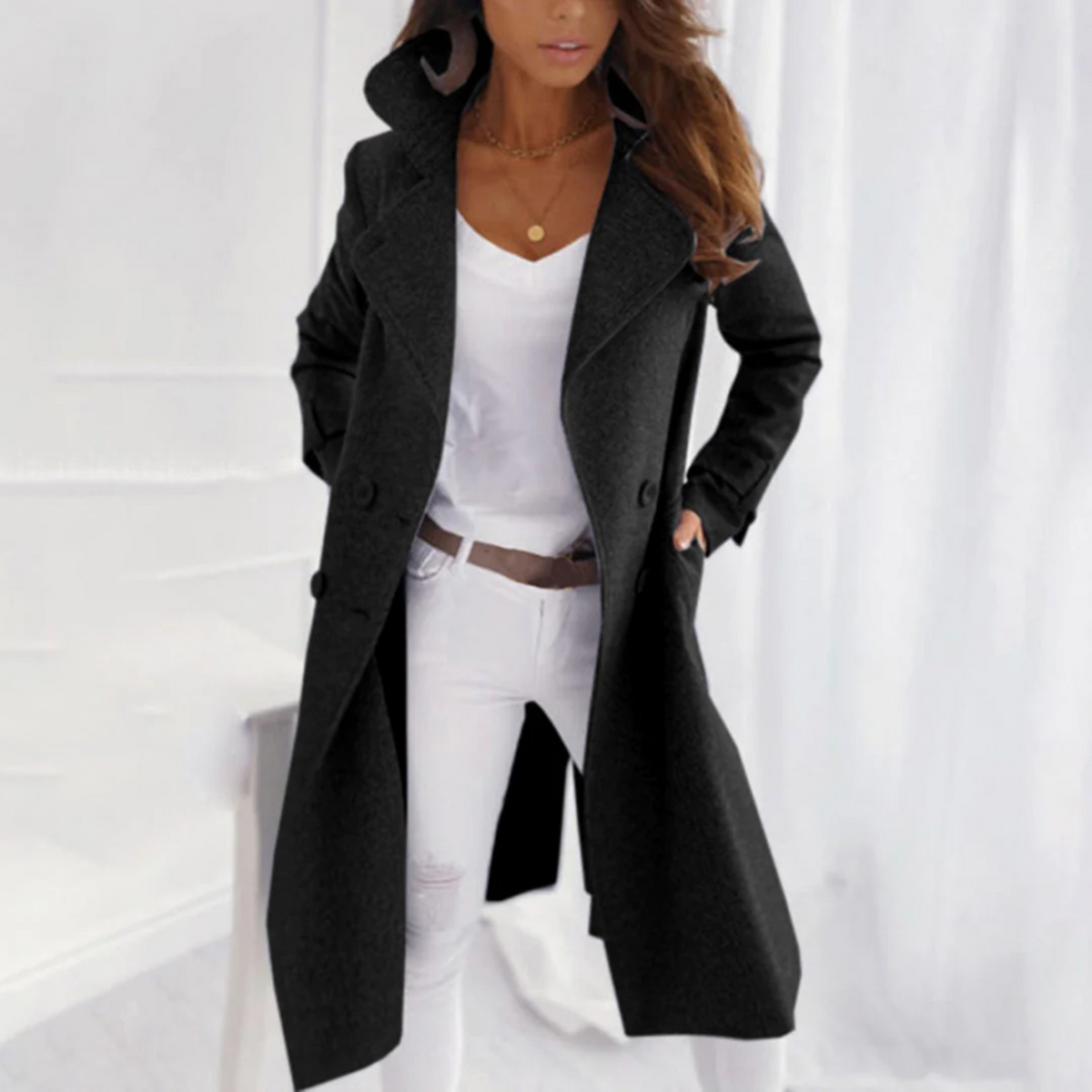 Stylish Wool Women's Coat with Turned-Up Collar - Elena - view 5