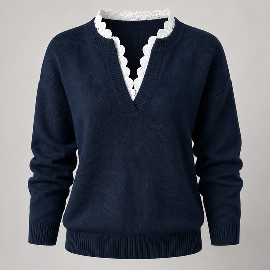 Pullover mit V-Ausschnitt und Bogenkante – Vorderansicht