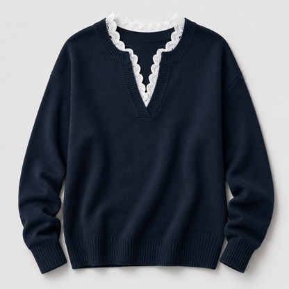Pullover mit V-Ausschnitt und Bogenkante – Detailansicht