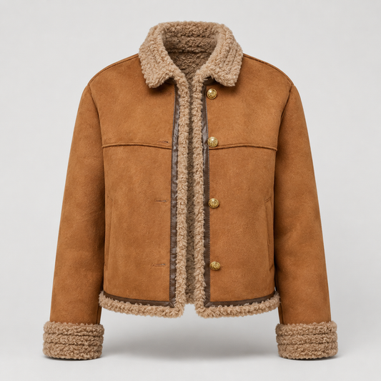 Trucker-Jacke in Wildlederoptik mit Sherpa-Futter – Vorderansicht