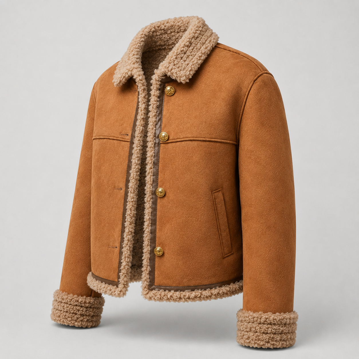 Trucker-Jacke in Wildlederoptik mit Sherpa-Futter – Detailansicht