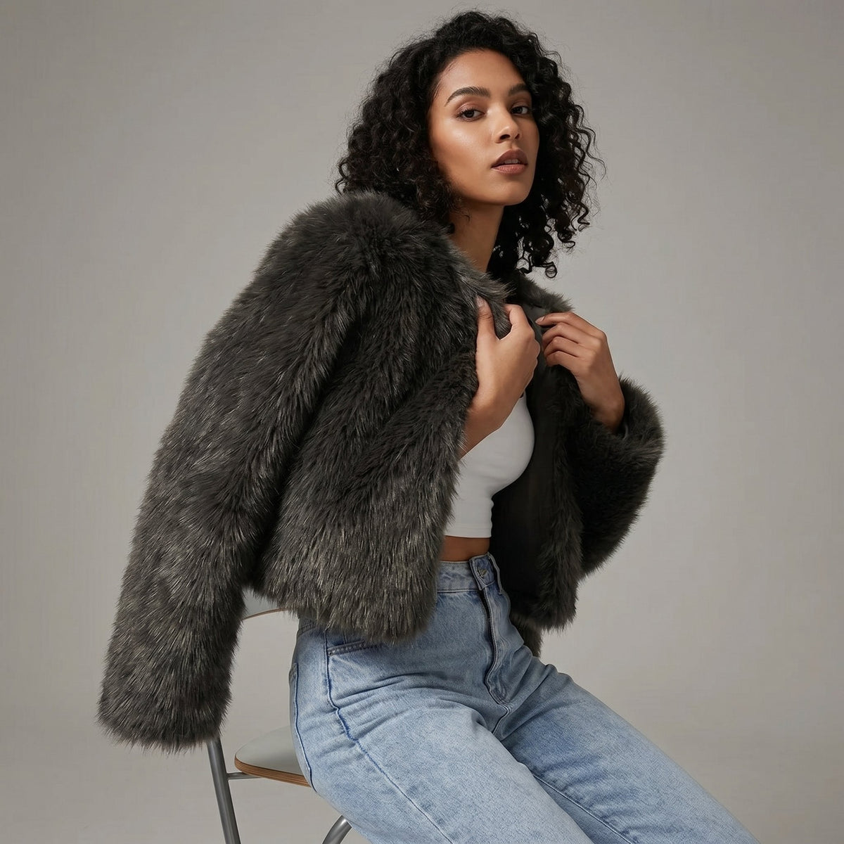 Mia | Women's Cropped Faux Fur Cardigan Jacket - view 3