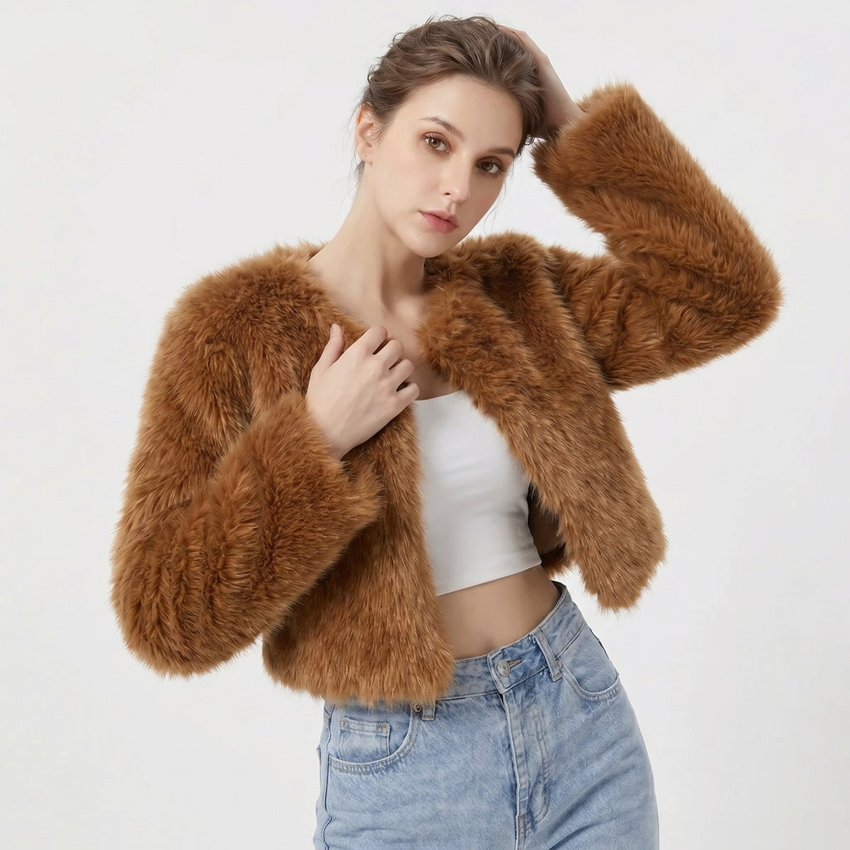 Mia | Women's Cropped Faux Fur Cardigan Jacket - view 4