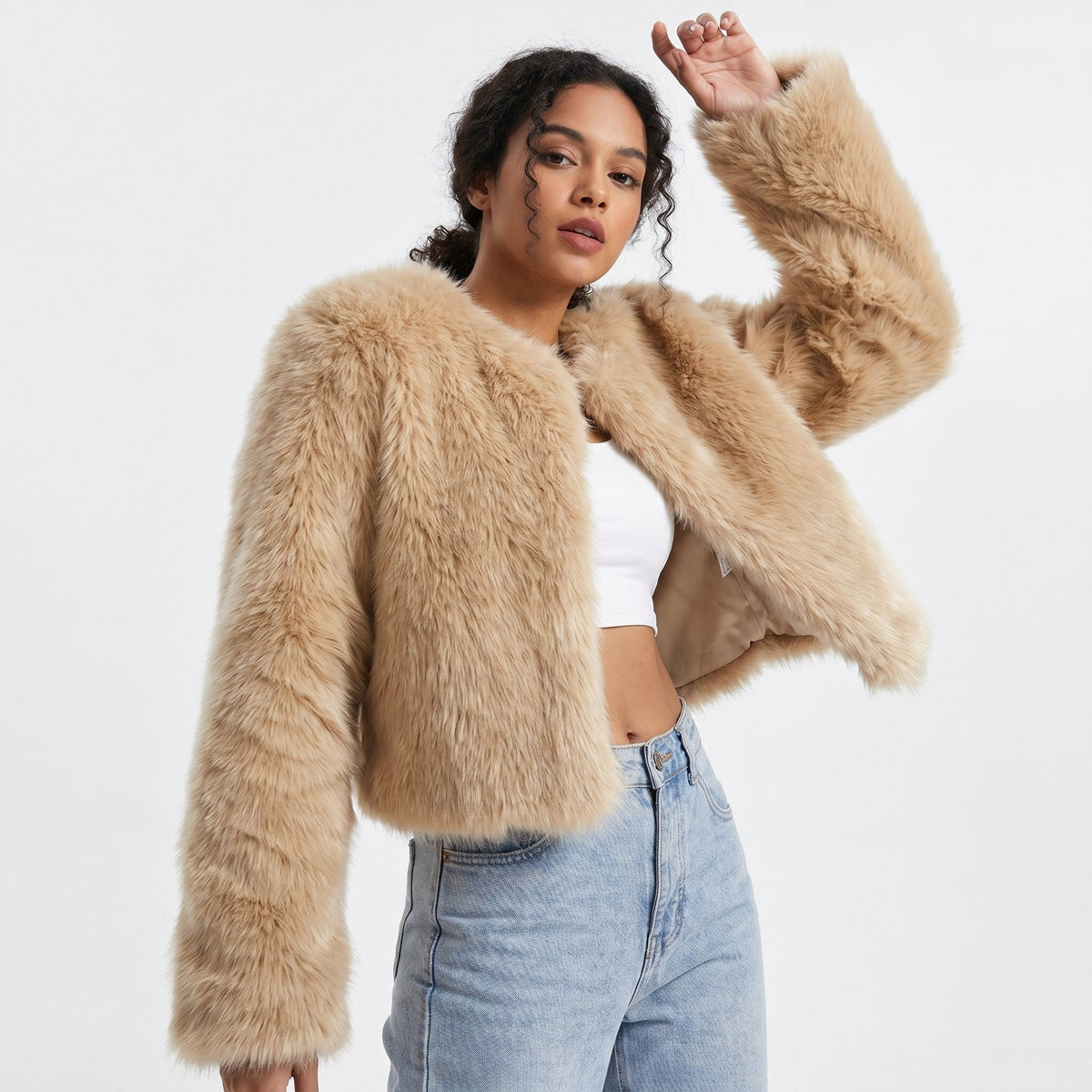 Mia | Women's Cropped Faux Fur Cardigan Jacket - view 6