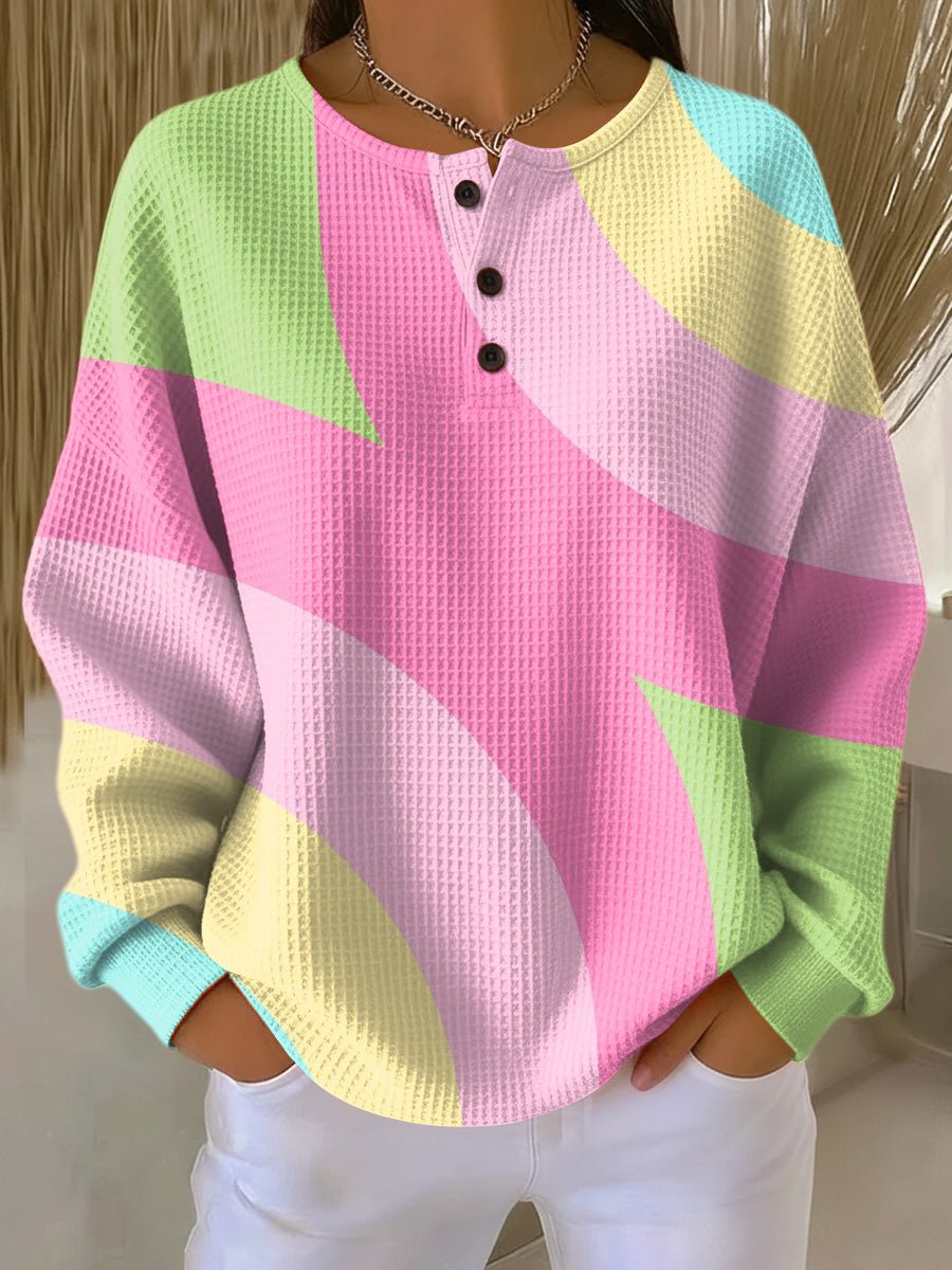 Penelope | Women's Pastel Color-Block Waffle-Knit Henley Pullover Sweater - view 1